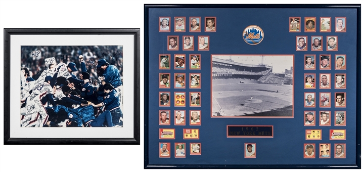 Lot of (2) Framed Photographs Featuring A 1986 New York Mets Team-Signed World Series Celebration Photo & A 1962 New York Mets Signed Trading Cards & Photo (Beckett)